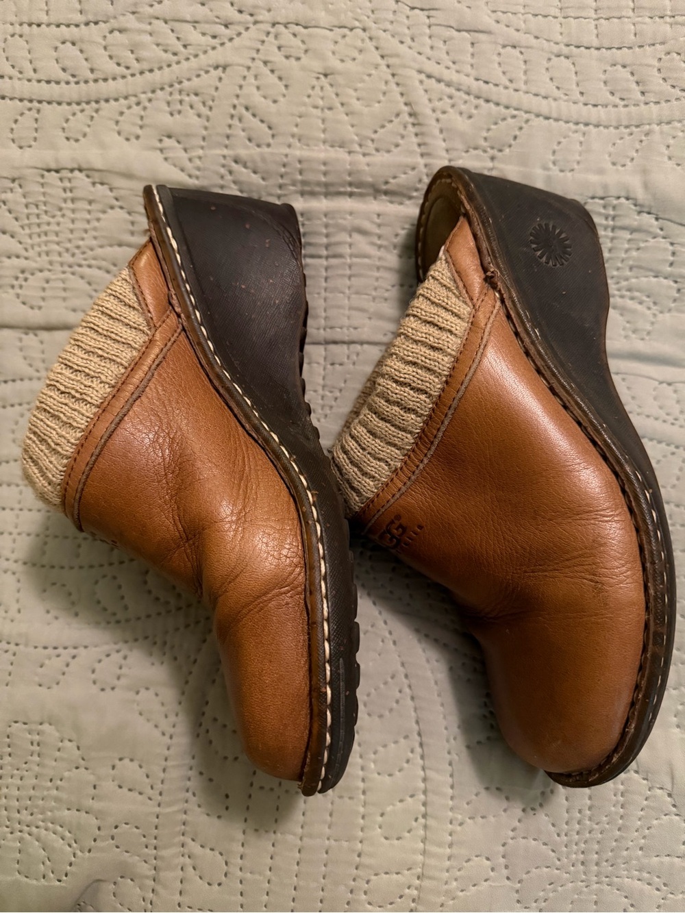 UGG Brown Leather Clog with Knit Collar - Picture 4 of 8